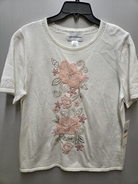 Alfred Dunner La Dolce Vita Floral Embroidered Sweater Ivory Womens Small NWT